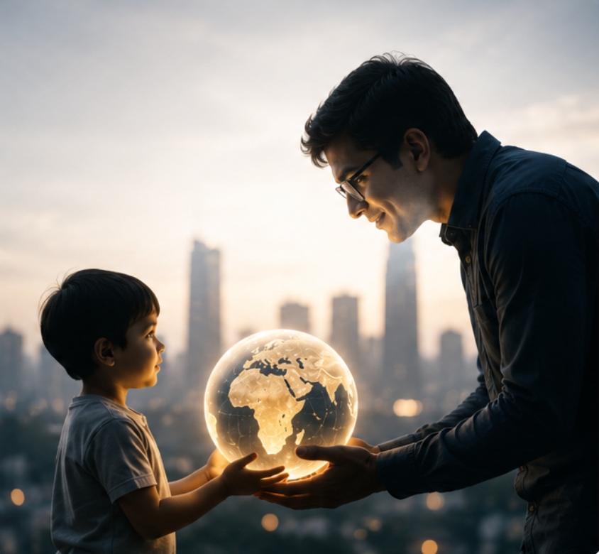 Father and son holding glowing earth